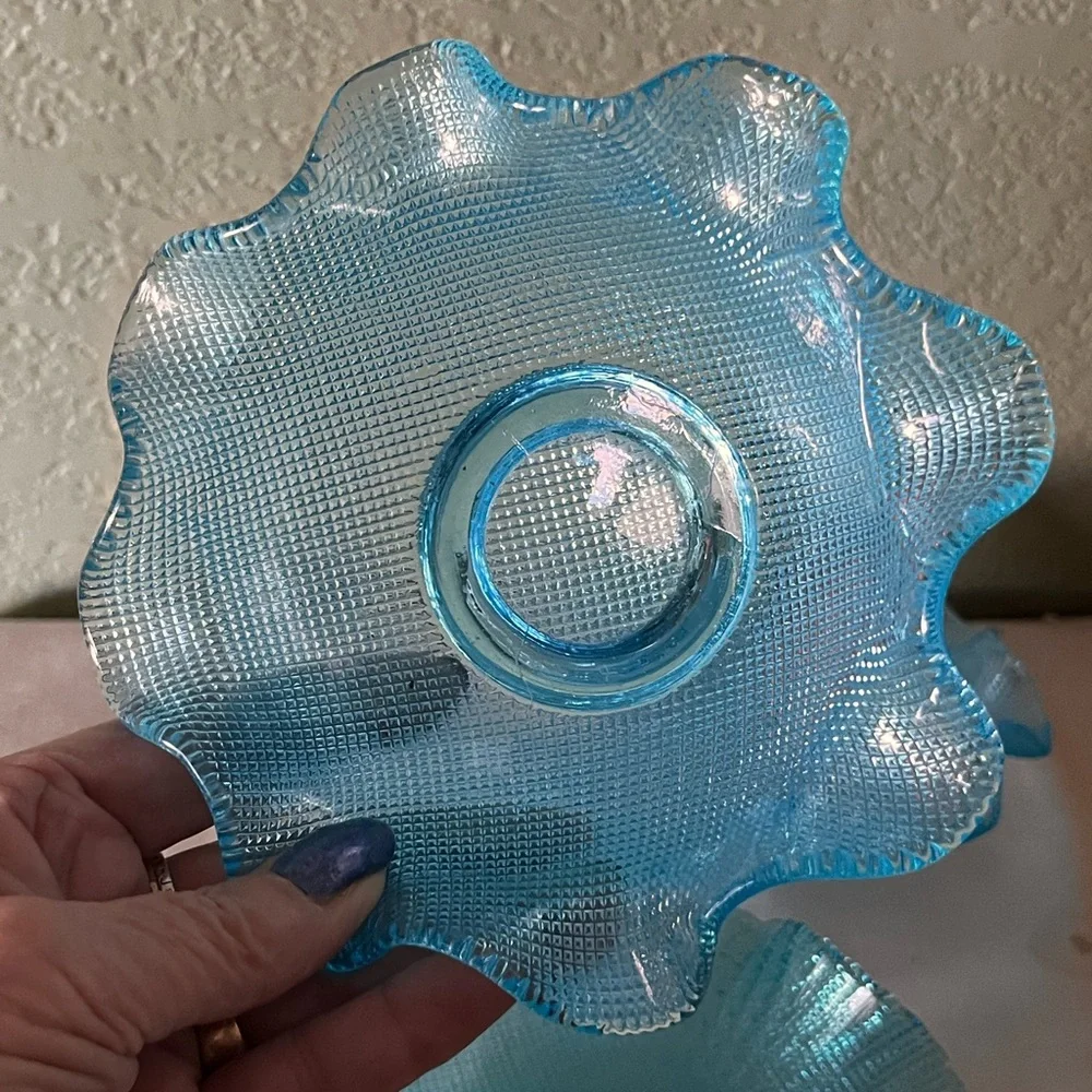 Vintage Italian Colony Waffle Ruffled Glass Dessert Bowls 1960s - Blue